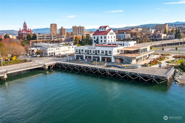 aerial view featuring a city view and a water and mountain view