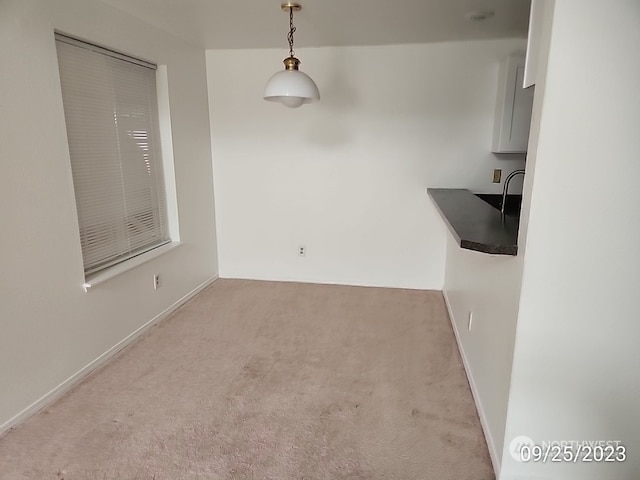 unfurnished dining area featuring light colored carpet