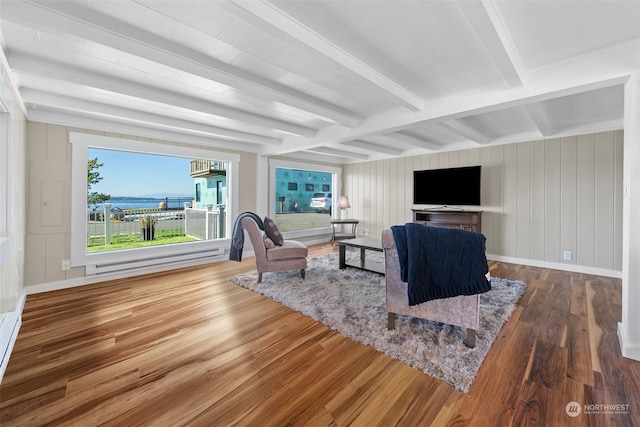 living room with dark wood-type flooring and beamed ceiling