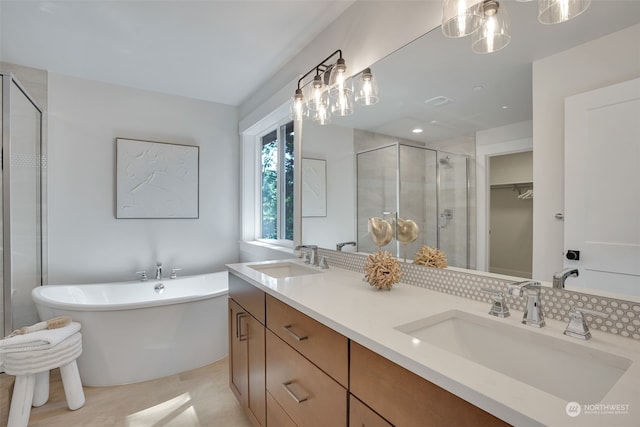 bathroom with vanity and plus walk in shower