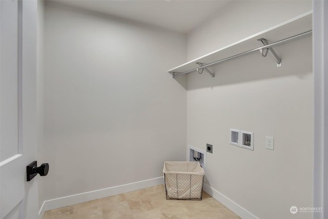 clothes washing area featuring hookup for a washing machine, laundry area, electric dryer hookup, and baseboards