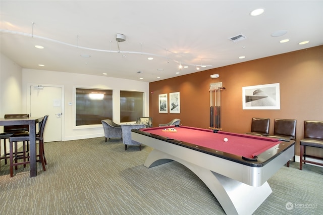 rec room with billiards and carpet flooring