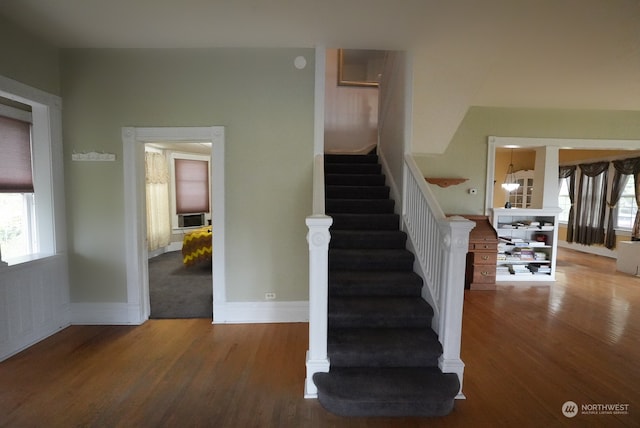 staircase featuring dark wood-type flooring