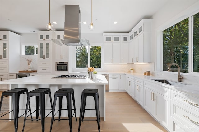 kitchen with stainless steel appliances, island exhaust hood, a sink, and a kitchen bar