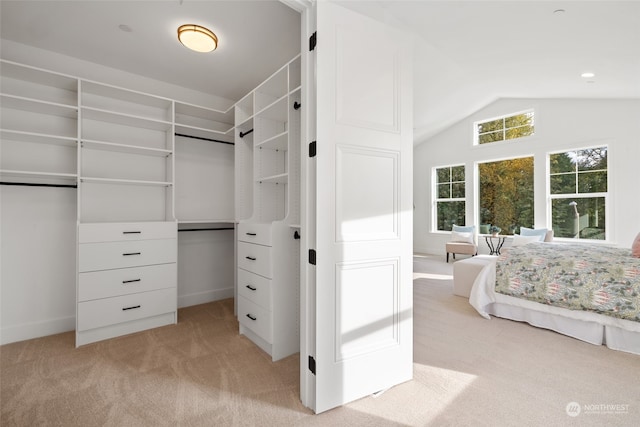 spacious closet with vaulted ceiling and light colored carpet