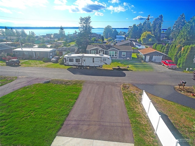 aerial view featuring a water view