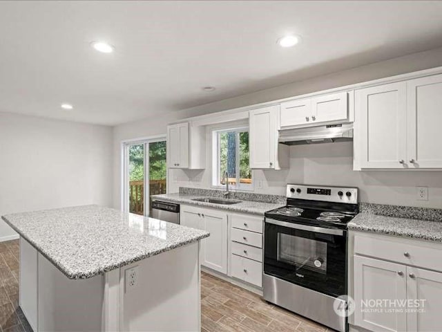 670 E Wilson Way, Grapeview, WA 98546 - kitchen with stainless steel appliances, a sink, under cabinet range hood, wood tiled floors, and a kitchen island