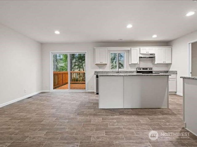 670 E Wilson Way, Grapeview, WA 98546 - kitchen featuring under cabinet range hood, electric range, white cabinetry, recessed lighting, and baseboards