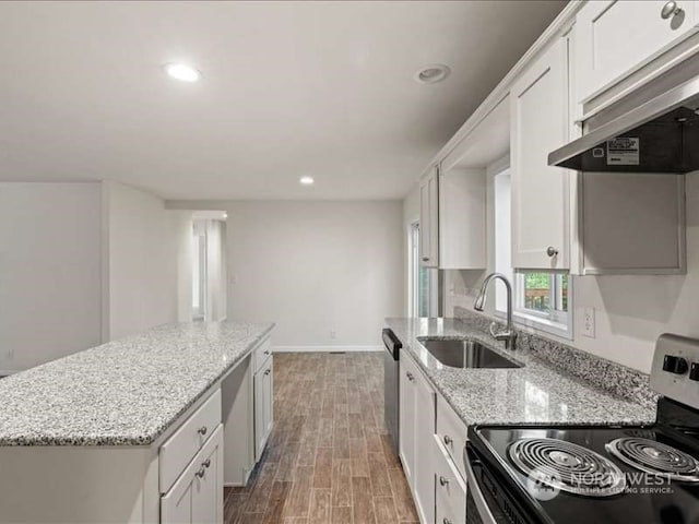 kitchen with sink, light wood-type flooring, range with electric cooktop, and white cabinets