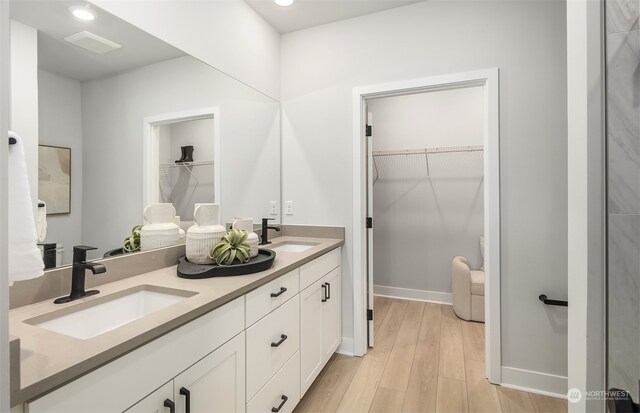 bathroom with hardwood / wood-style flooring and vanity