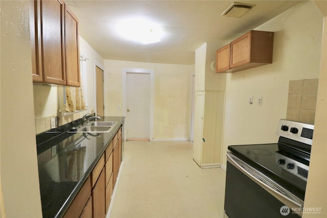 14040 Ashworth Ave N, Seattle, WA 98133 - kitchen with electric range, a sink, dark countertops, and brown cabinetry