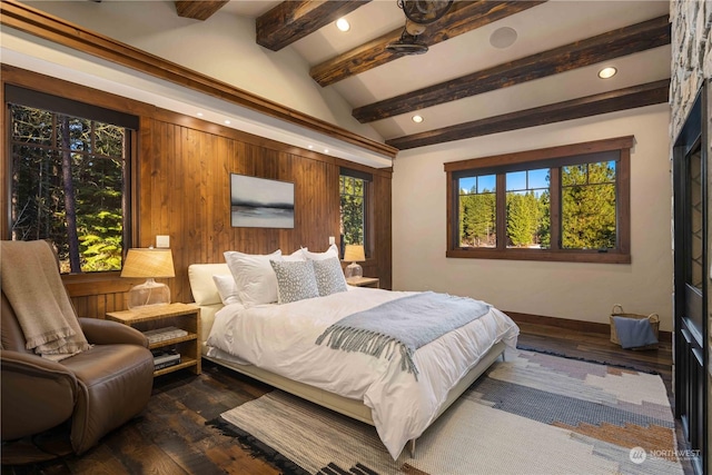bedroom with wood finished floors, lofted ceiling with beams, and recessed lighting