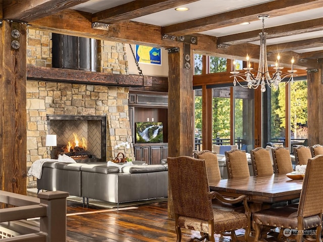 dining room with a chandelier, hardwood / wood-style flooring, and beam ceiling