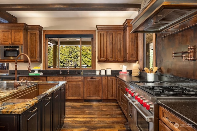 kitchen with dark wood finished floors, a wealth of natural light, a sink, stainless steel appliances, and custom range hood
