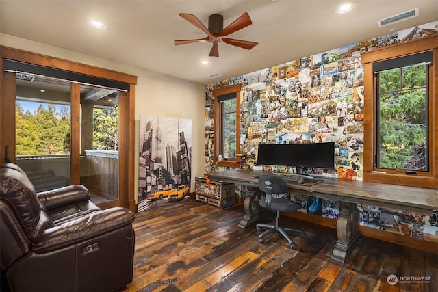 home office with hardwood / wood-style floors, a ceiling fan, visible vents, and recessed lighting