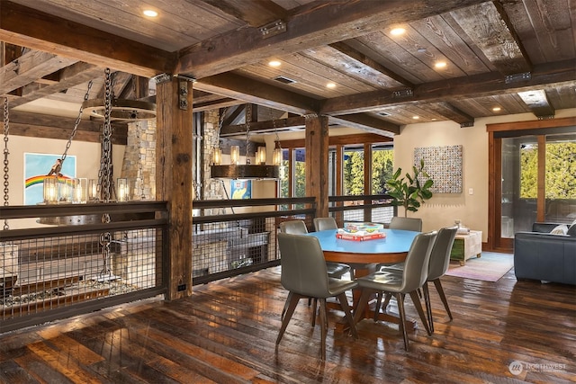 dining room with wood ceiling, wood-type flooring, beam ceiling, and a wealth of natural light