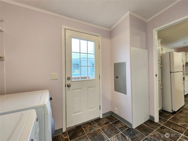 entryway featuring separate washer and dryer, electric panel, and crown molding