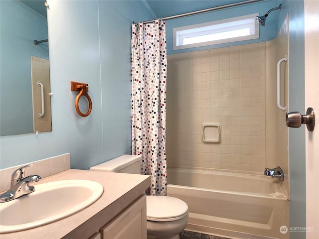 full bathroom with vanity, toilet, and shower / bathtub combination with curtain