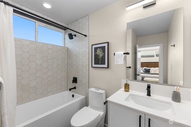 full bathroom with vanity, toilet, and shower / bathtub combination with curtain