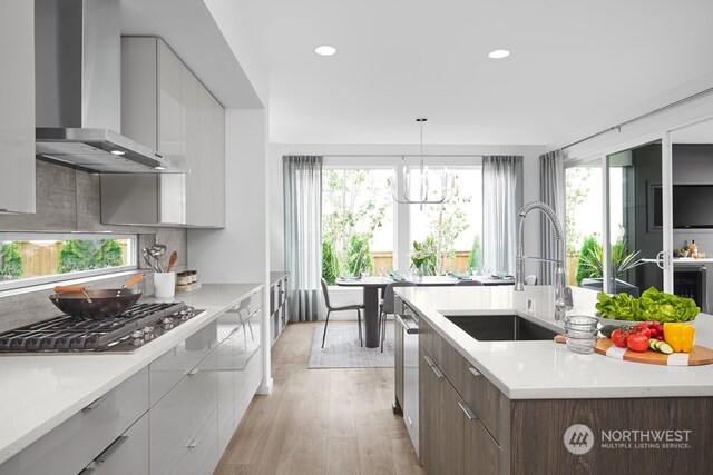 kitchen with appliances with stainless steel finishes, white cabinets, wall chimney exhaust hood, light wood-type flooring, and sink