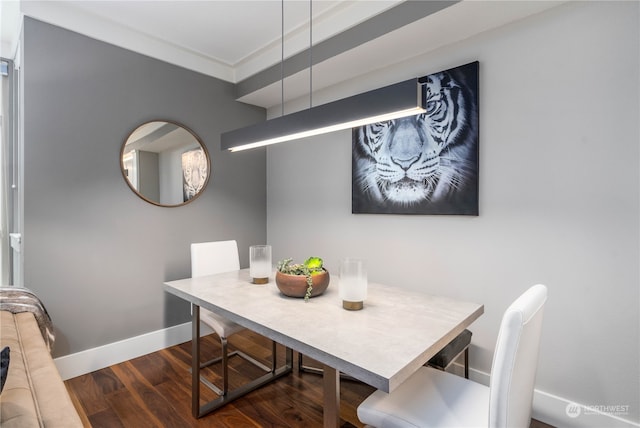 dining room featuring ornamental molding and dark wood-type flooring