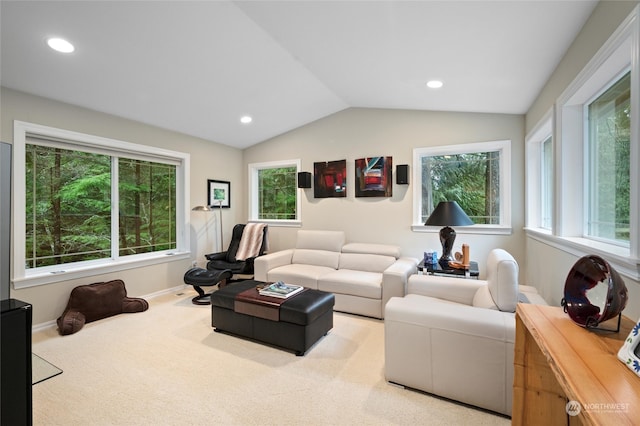 living room with light carpet and vaulted ceiling