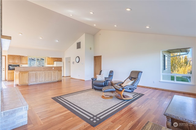 living room with light hardwood / wood-style flooring and high vaulted ceiling