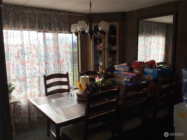 dining area with a wealth of natural light, carpet floors, and wooden walls