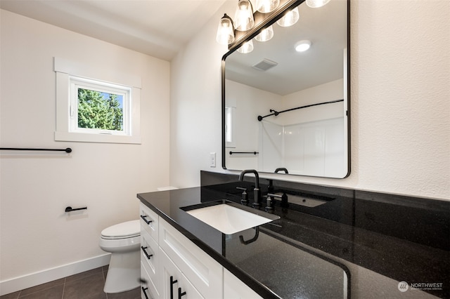 bathroom featuring vanity, toilet, and tile patterned flooring