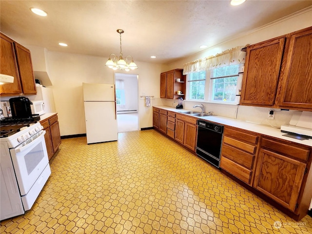 kitchen featuring pendant lighting, sink, white appliances, an inviting chandelier, and ornamental molding