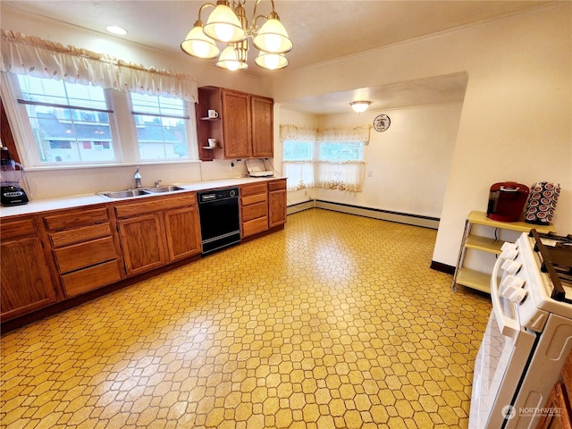 kitchen featuring pendant lighting, sink, dishwasher, baseboard heating, and white gas stove