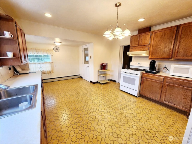 kitchen featuring sink, an inviting chandelier, hanging light fixtures, a baseboard radiator, and white appliances