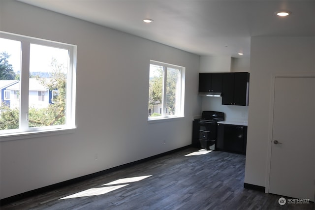 kitchen with dark hardwood / wood-style floors, a healthy amount of sunlight, and black stove