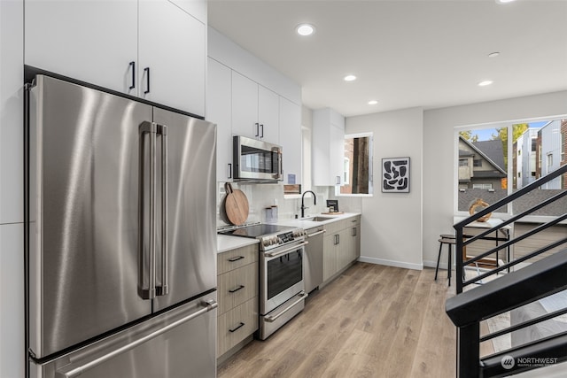 kitchen with sink, appliances with stainless steel finishes, tasteful backsplash, light hardwood / wood-style floors, and white cabinetry