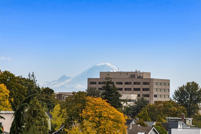 view of building exterior featuring a mountain view