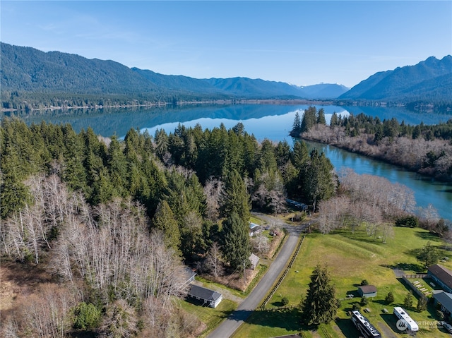 bird's eye view with a water and mountain view