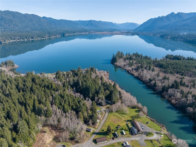 birds eye view of property with a water and mountain view