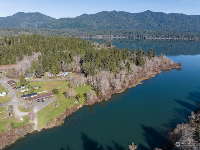 birds eye view of property with a water and mountain view