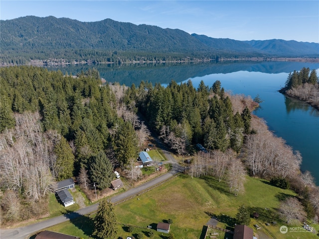 birds eye view of property featuring a water and mountain view