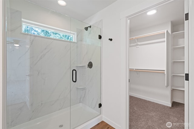 11114 NE 91st Ave, Vancouver, WA 98662 - full bathroom with baseboards, a spacious closet, a marble finish shower, and recessed lighting