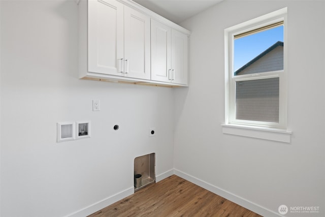 11114 NE 91st Ave, Vancouver, WA 98662 - laundry area featuring wood finished floors, electric dryer hookup, cabinet space, washer hookup, and baseboards