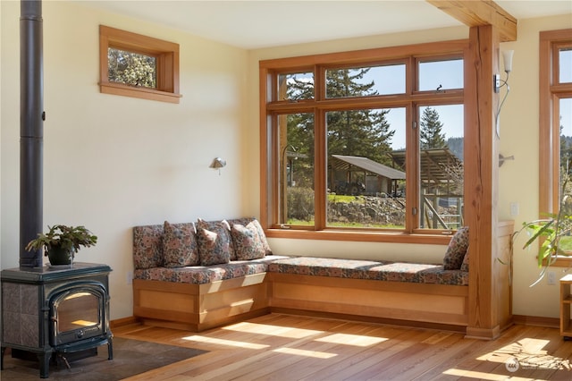 interior space with a healthy amount of sunlight, a wood stove, and hardwood / wood-style flooring