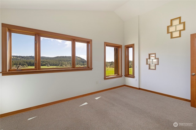 carpeted empty room with plenty of natural light and lofted ceiling