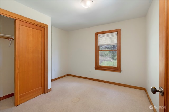 unfurnished bedroom with light colored carpet and a closet