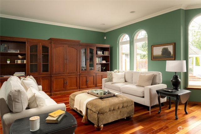 living room featuring ornamental molding and hardwood / wood-style floors