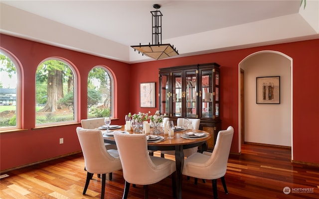 dining space with a raised ceiling and hardwood / wood-style floors