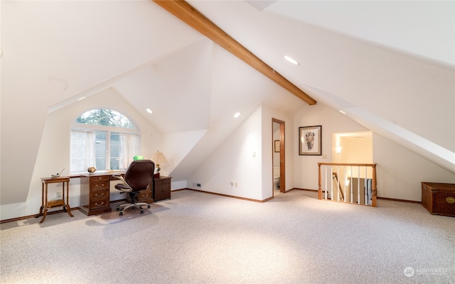 office area featuring vaulted ceiling with beams and light carpet