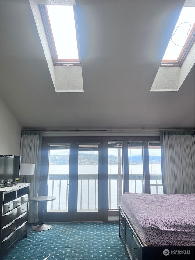 carpeted bedroom featuring a skylight and multiple windows