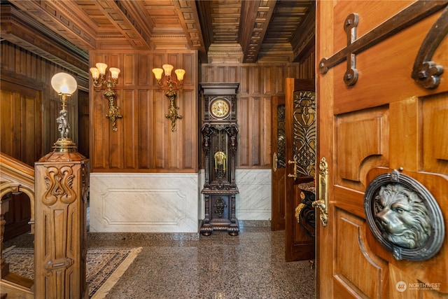4 Thornewood Ln SW, Lakewood, WA 98498 - foyer entrance with wooden ceiling, wood walls, and beamed ceiling