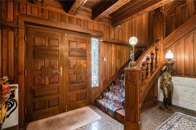 4 Thornewood Ln SW, Lakewood, WA 98498 - foyer with wood walls, beam ceiling, and wooden ceiling
